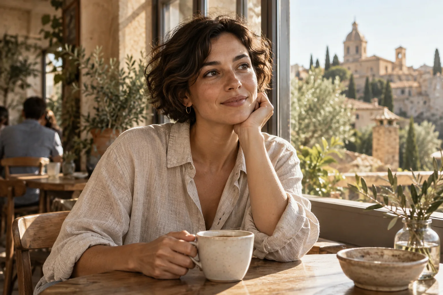 Woman holding a ceramic cup beside a sunlit cafe window