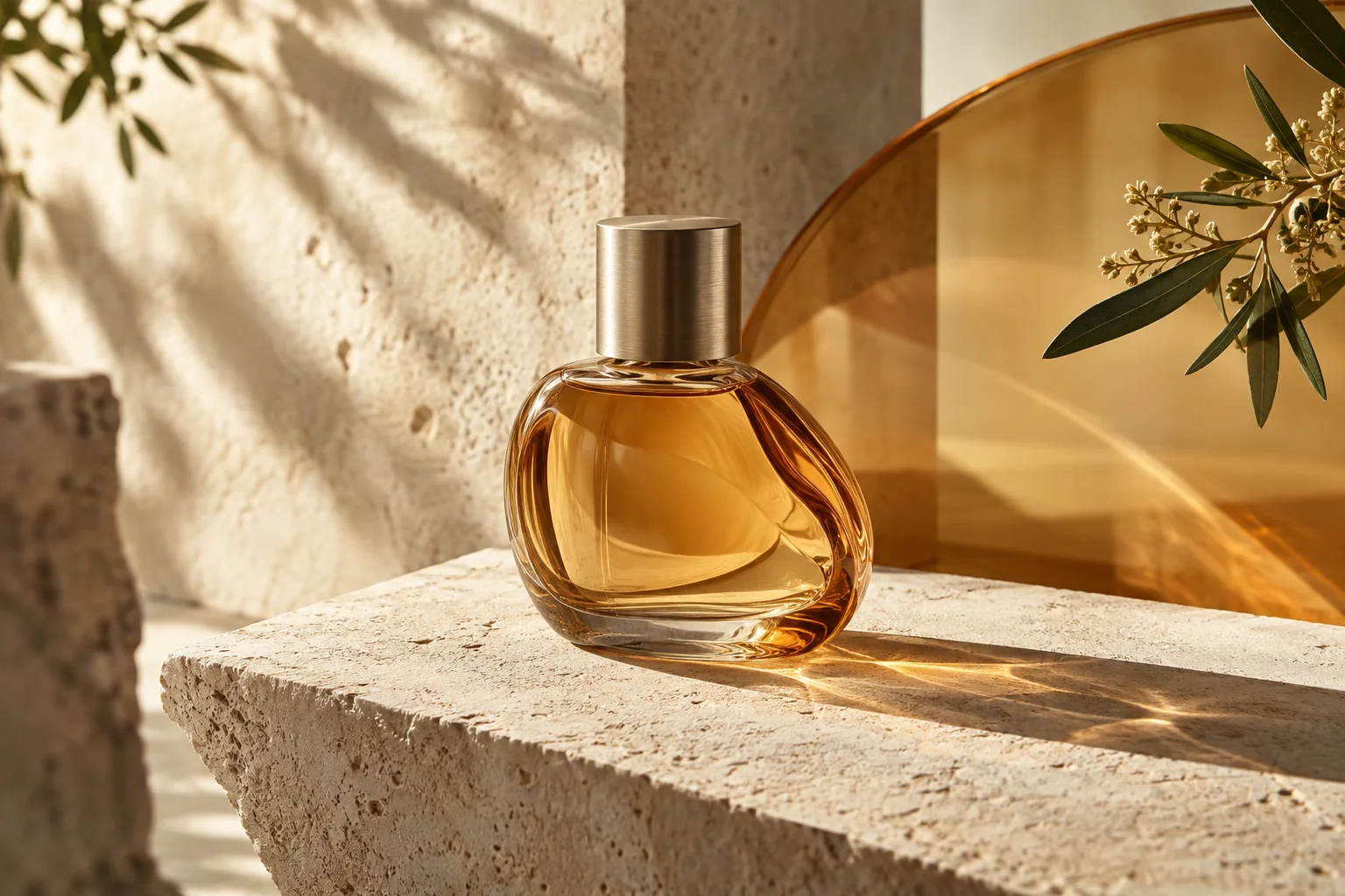 Amber glass perfume bottle on a sunlit limestone display