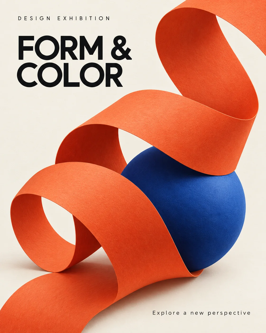 Form and Color exhibition poster with orange paper sculpture and a blue sphere